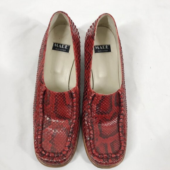 Vintage 90s Loafers Red Snakeskin and Leather Chunky Heel Square Toe Shoes Mare - Picture 4 of 8